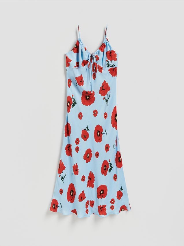 Reserved - Sukienka midi w kwiaty - jasnoniebieski