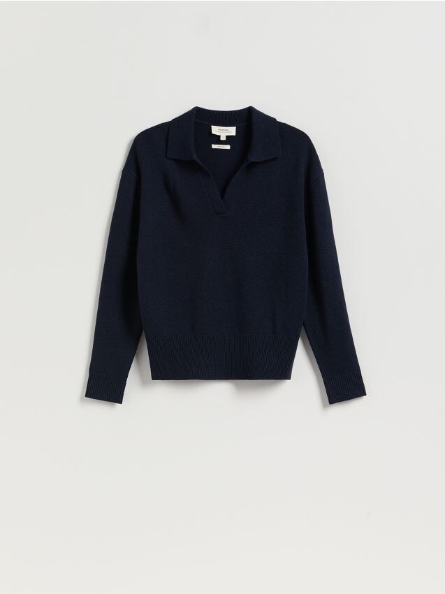 Reserved - Sweter polo z wełny merino - granatowy