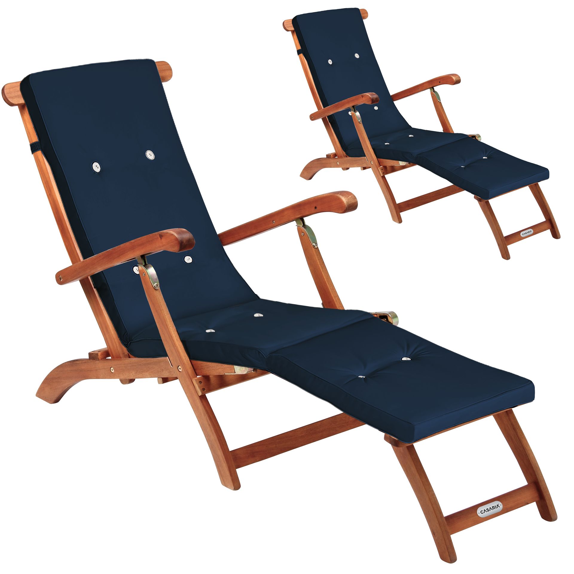 Leżak ogrodowy Queen Mary® zestaw 2 z drewna akacjowego z certyfikatem FSC® wraz z niebieską poduszką