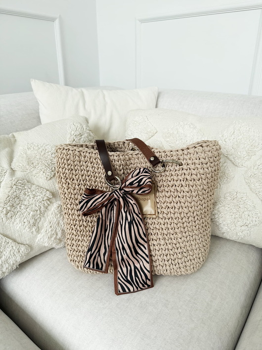 Shopperka Craftbags z lekkiego sznurka - waniliowa z ozdobną apaszką