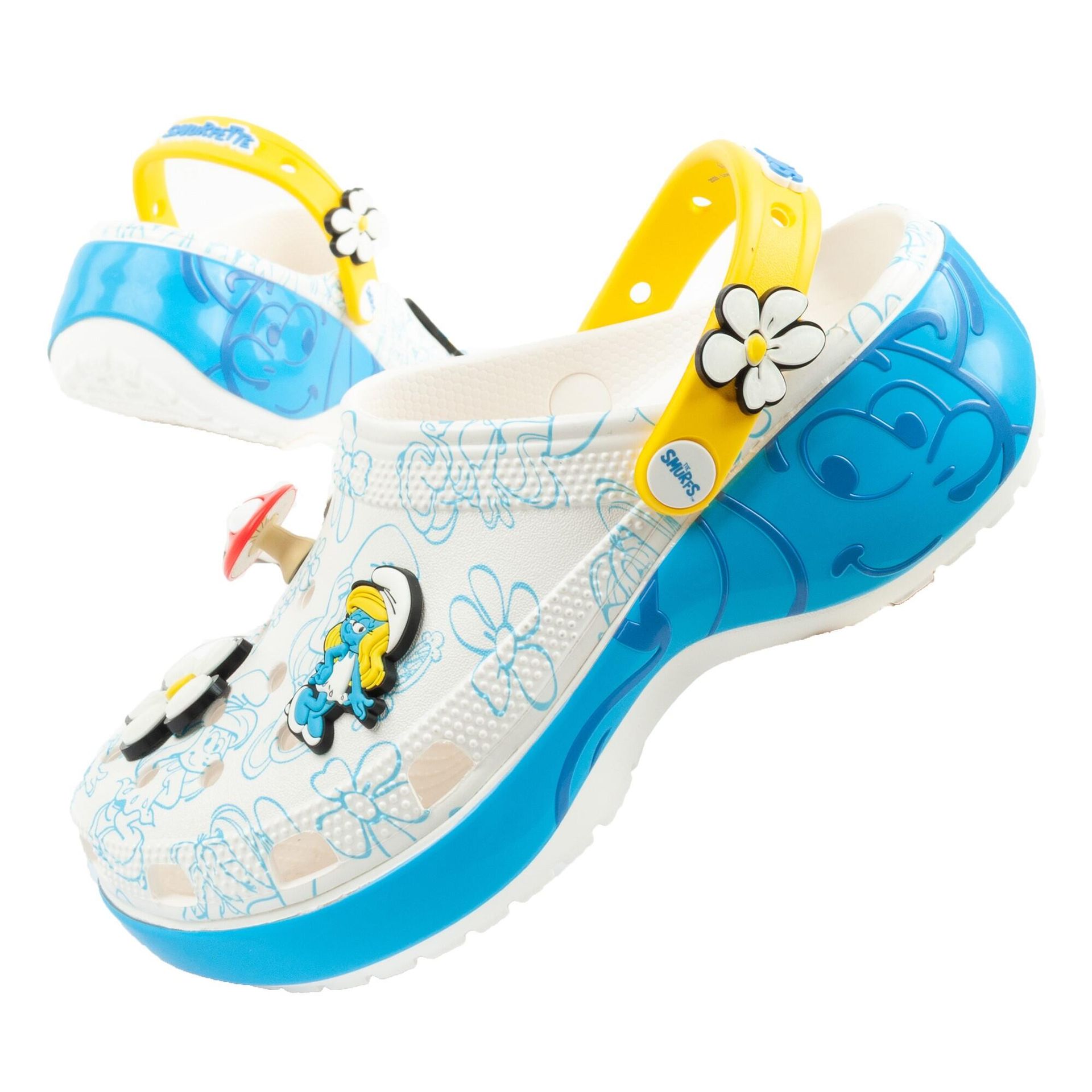 Klapki sandały chodaki damskie Crocs Smurfs na platformie Smerfy