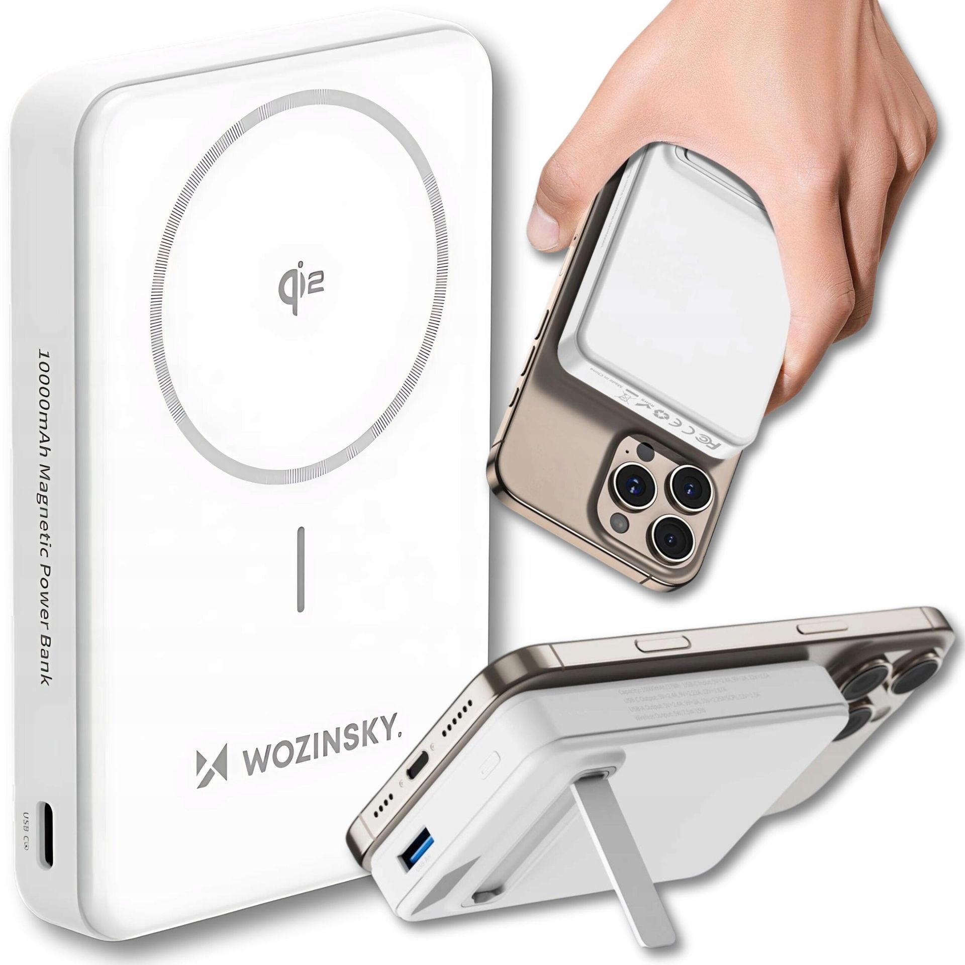 Powerbank Wozinsky WLWP-10KA0Y3WS 22,5W PD Qi2 10000 mAh, z podstawką, 1x USB-A, 1x USB-C - biały