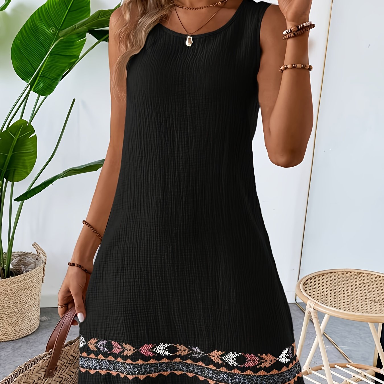 TEMU Damska sukienka bez rękawów z brokatowym wzorem i kolorowym haftem na końcu - Elegancka, z okrągłym dekoltem, z wąskim pasem, idealna na wakacje