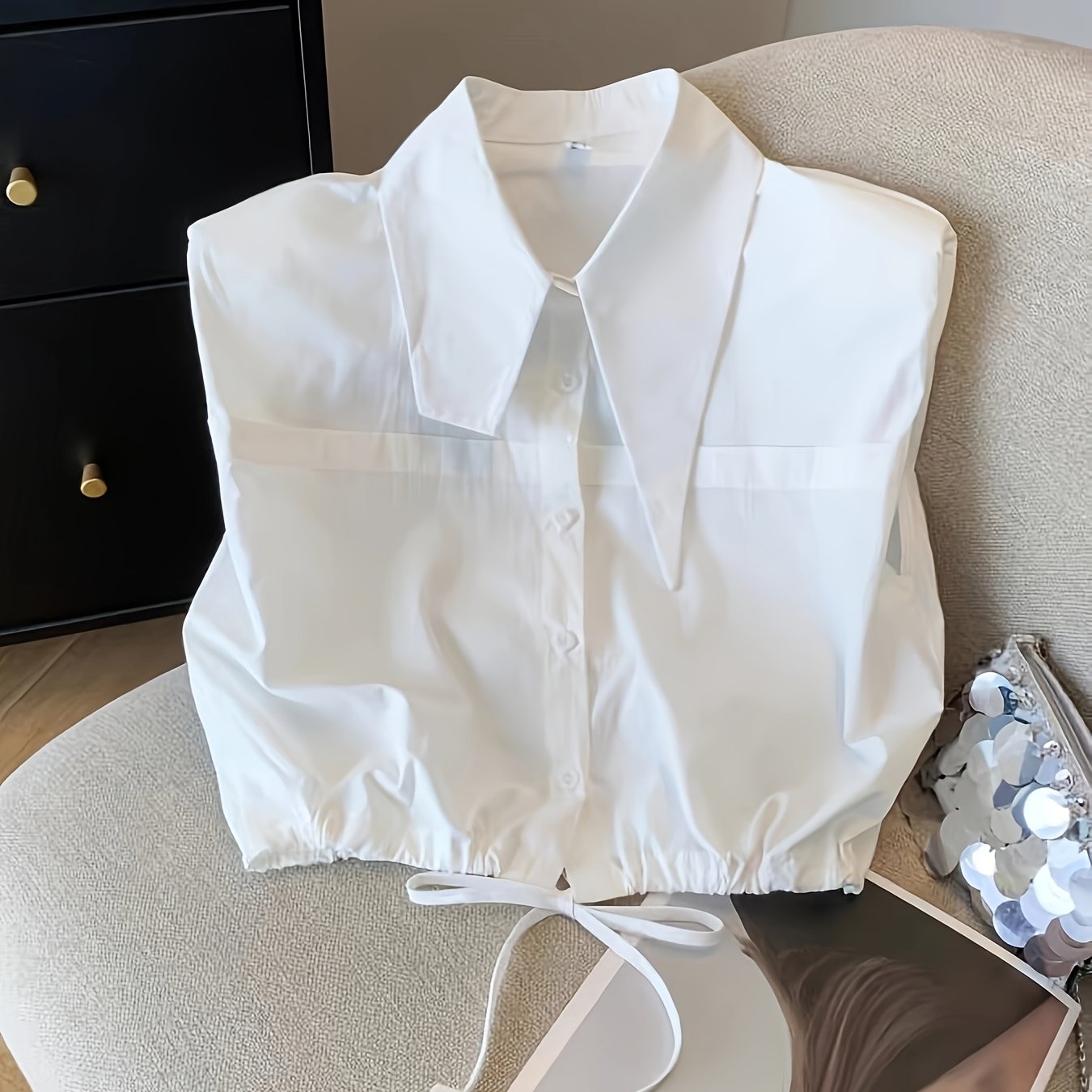 TEMU Elegancka Koszulka Damska Bez Rękawów Letnia Koszulka Polo w Jednolitym Kolorze ze Sznurkiem, Top Zakrywający Brzuch
