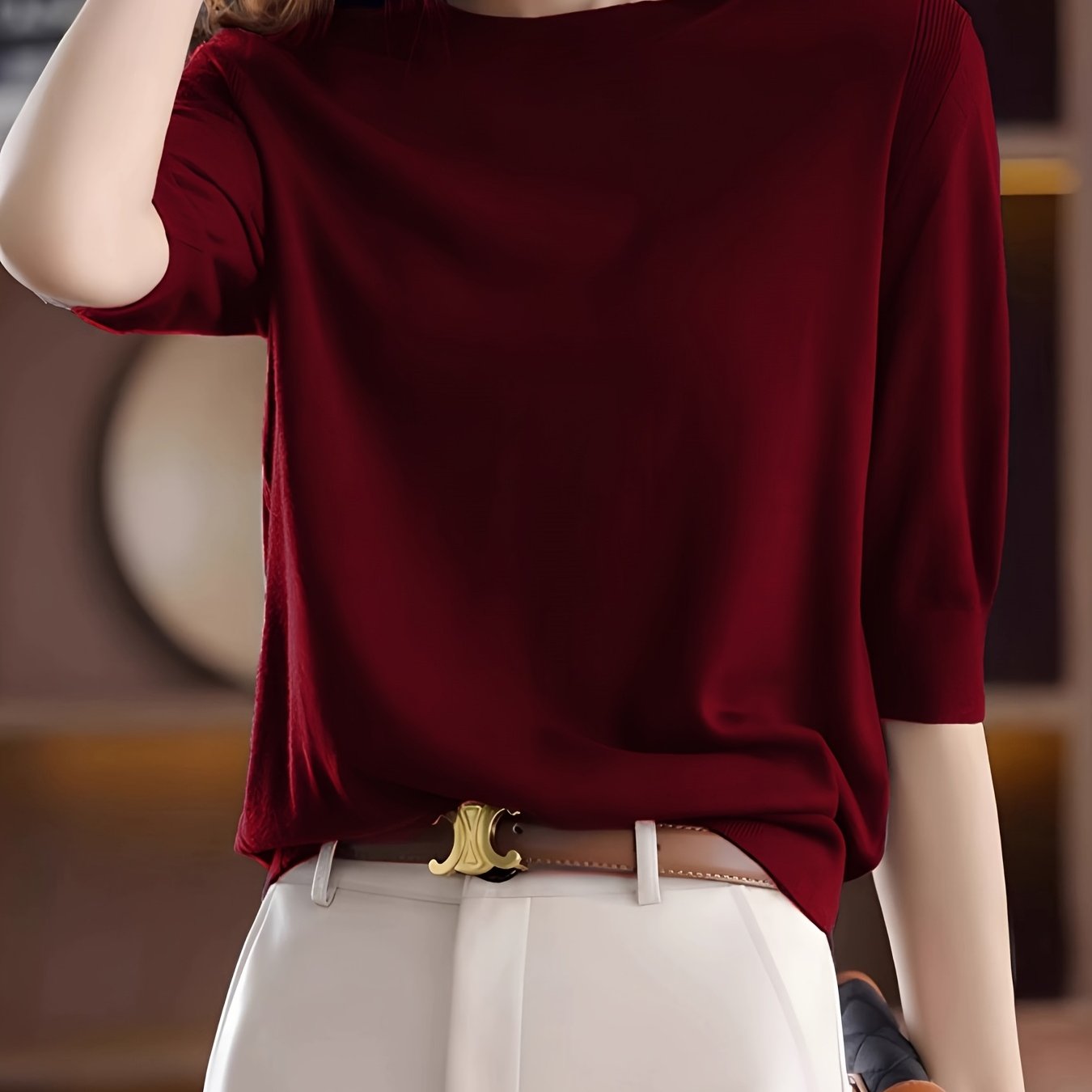 TEMU Nowy, elegancki, dzianinowy top damski z okrągłym dekoltem i rękawami do połowy ramienia na wiosnę i jesień, z pięciopunktowym wzorem na