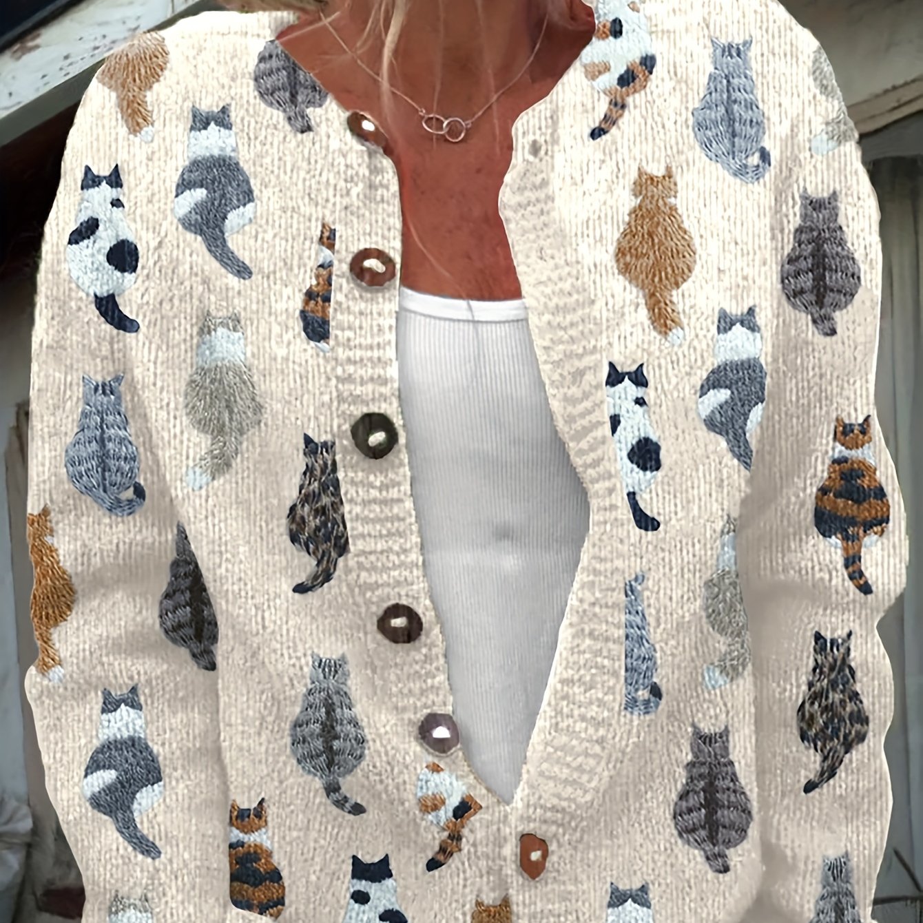 TEMU Sweter Damski z Nadrukiem Kota – Sweter Casual z Okrągłym Dekoltem i Zapięciem na Guziki, Pranie Maszynowe, Warstwowy Dodatek na Wiosnę/Jesień,