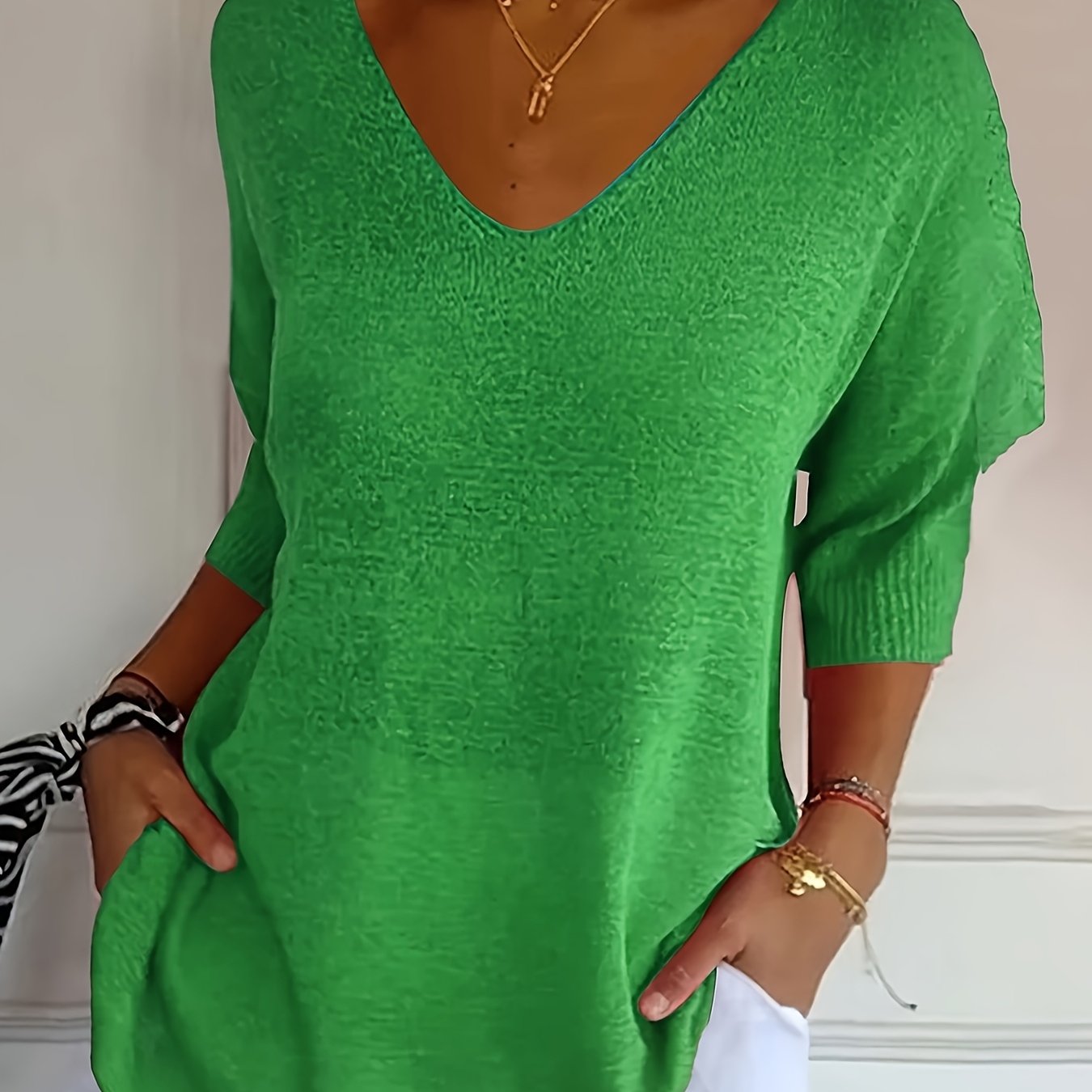 TEMU Sweter damski z dekoltem w serek - Lekki, 100% poliester, półprzezroczysty top na wiosnę/ o umiarkowanej elastyczności, uniwersalny element do