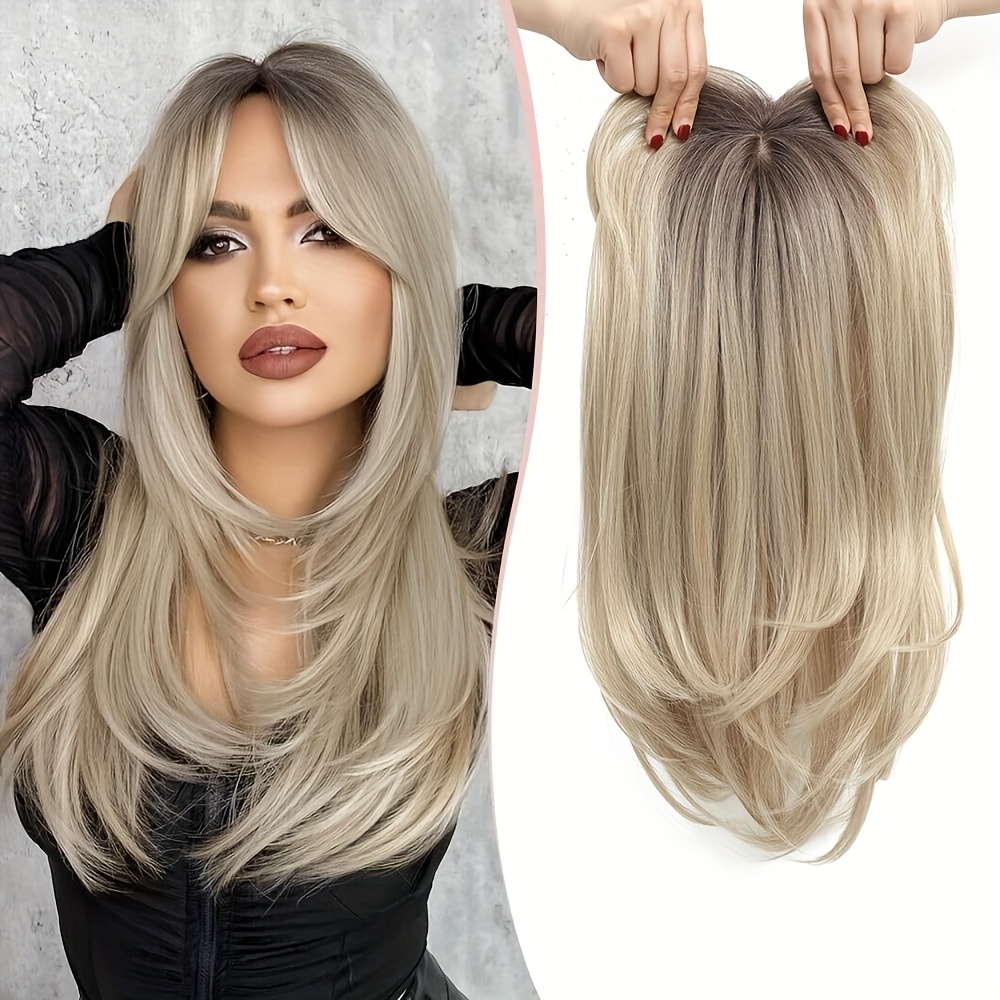 TEMU Elegancka Syntetyczna Peruka Ombre Blond z Głębokimi Korzeniami 22