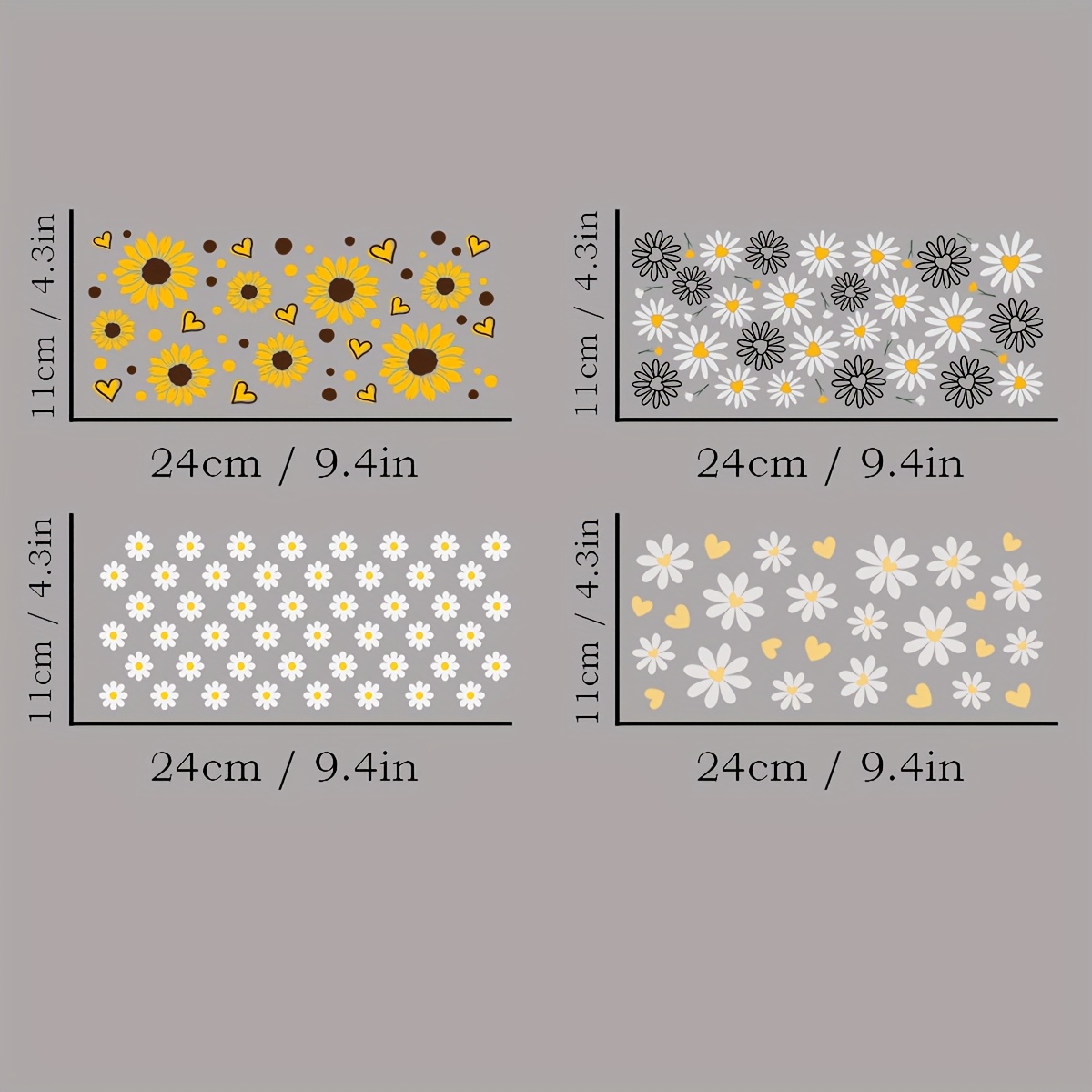 TEMU 4-pak papieru do przenoszenia kryształów Daisy & Heart 3D, UV DTF samoprzylepne wodoodporne odporne na zarysowania naklejki na kubki i butelki,
