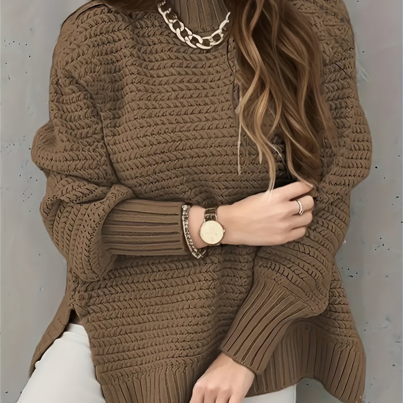 TEMU Sweter pulowerowy w jednolitym kolorze ze stójką, elegancki sweter z dzianiny z rozcięciami po bokach, z długim rękawem na jesień i zimę, odzież