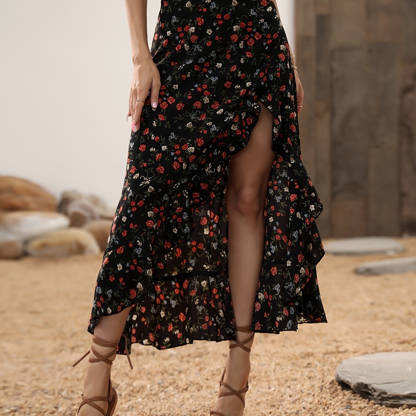 TEMU Stylowa spódnica na wiosnę i z asymetrycznym falbankowym dołem i kwiatowym nadrukiem, czarna spódnica z rozcięciem i wysokim stanem