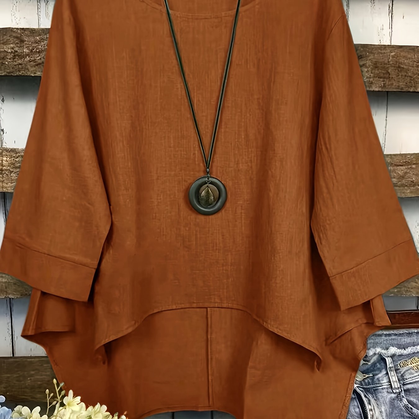 TEMU Bluzka Damska Elegancka w Jednolitym Kolorze z Asymetrycznym Dołem i Okrągłym Dekoltem - Oliwkowo-Zielona, Luźny Krój z Krótkim Rękawem, Pranie