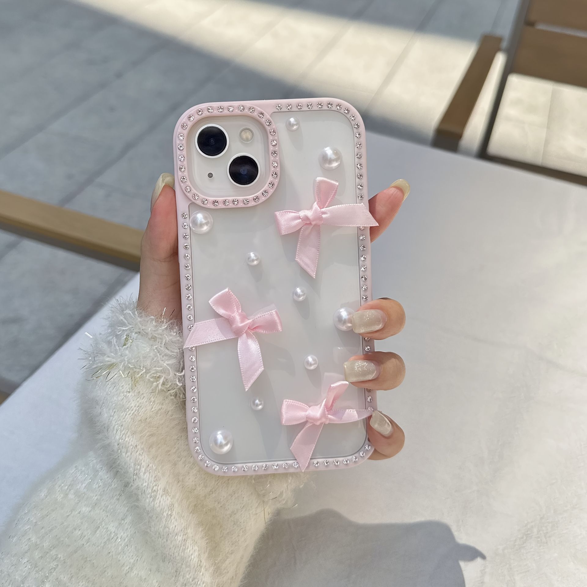 TEMU Prosty Styl Dziewczęcy Etui na Telefon z Trójwymiarową Perłą i Krawędzią ze Strasów, Pasujące do iPhone' Pro Max