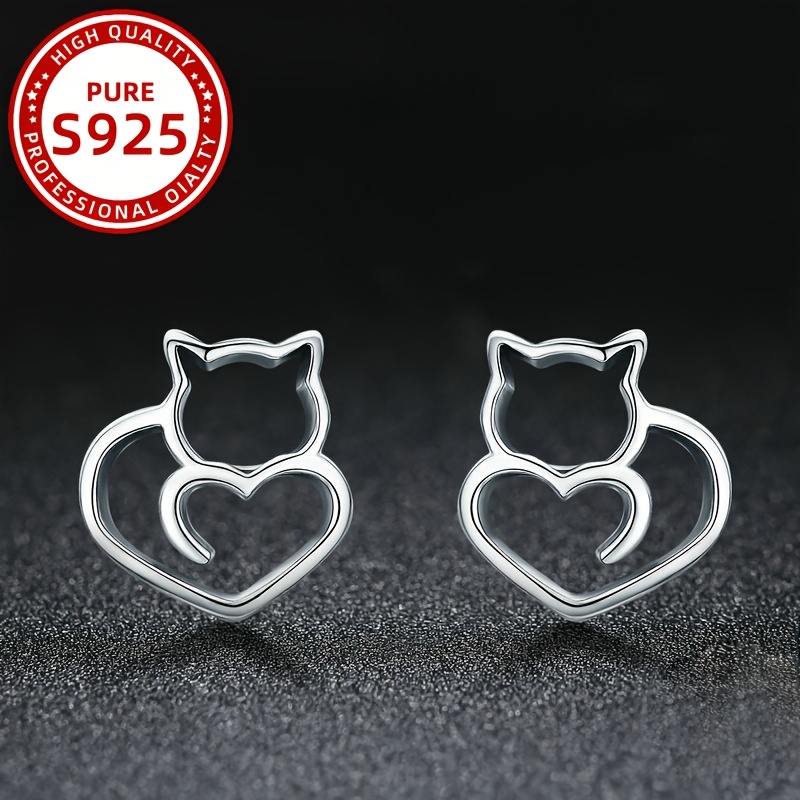 TEMU YASHIMAN Damskie kolczyki sztyfty ze srebra próby 925 – Elegancki ażurowy wzór kota, 1,2 g, idealne do noszenia na co dzień, na prezenty i