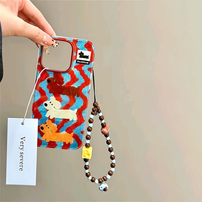 TEMU Etui na telefon komórkowy z łańcuszkiem w kształcie psa jamnika w paski z muszlą wirową z perforacją, odpowiednie do Apple 11 12 13