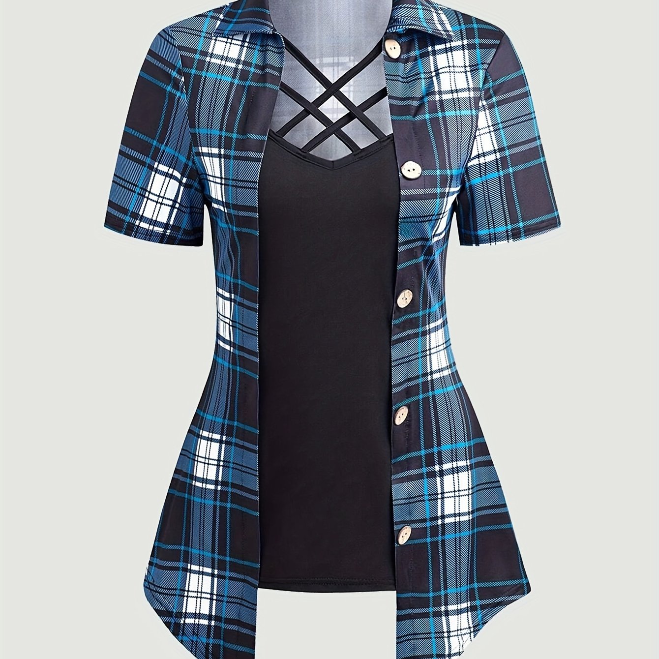 TEMU Bluzka z mieszanych materiałów w kratę, swobodna, z krótkim rękawem, skrzyżowanym dekoltem i asymetrycznym dołem, na wiosnę i , odzież damska