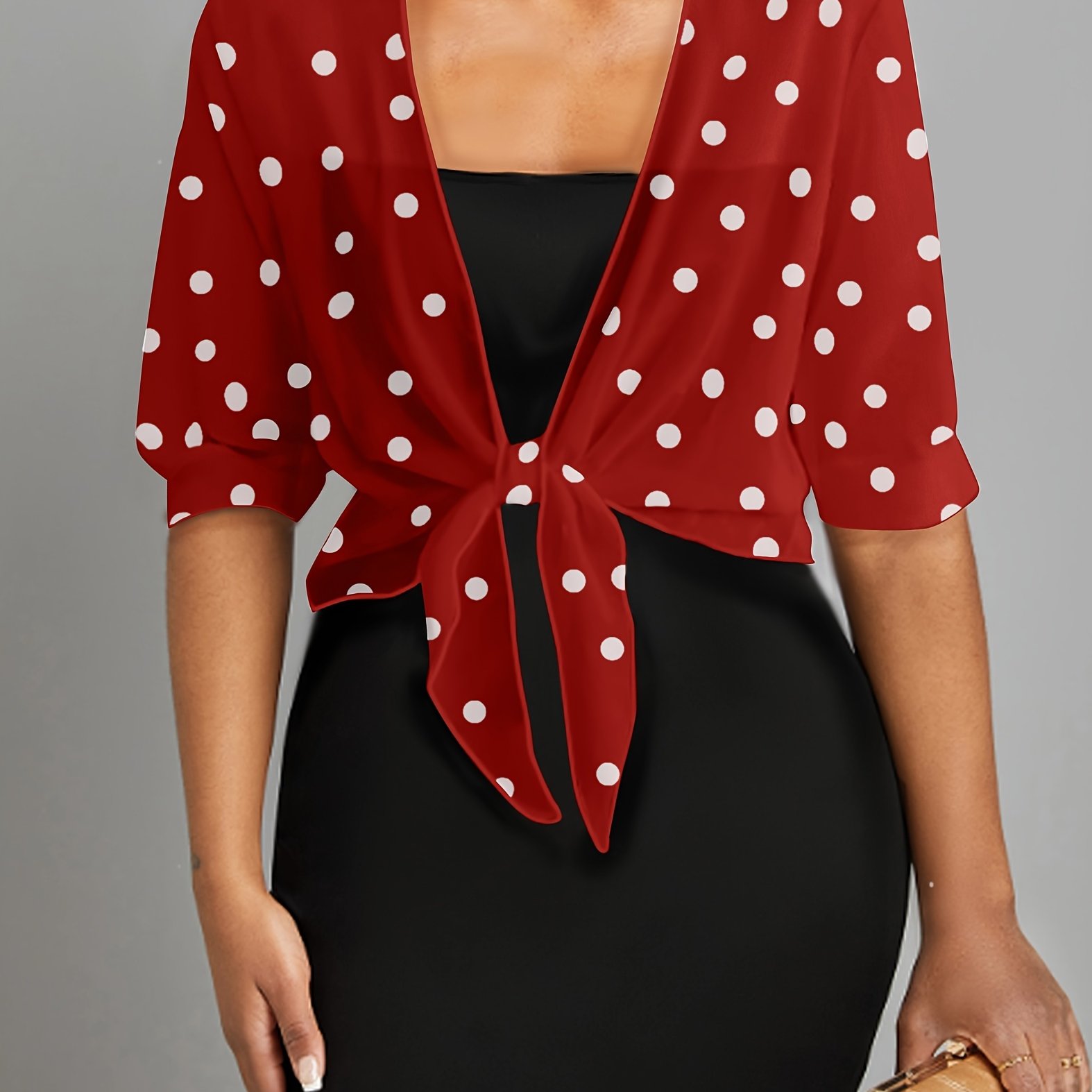 TEMU Wiązana Szyfonowa Bluzka W Kropki, Elegancka Krótka Bluzka Z Krótkim Rękawem, Odzież Damska