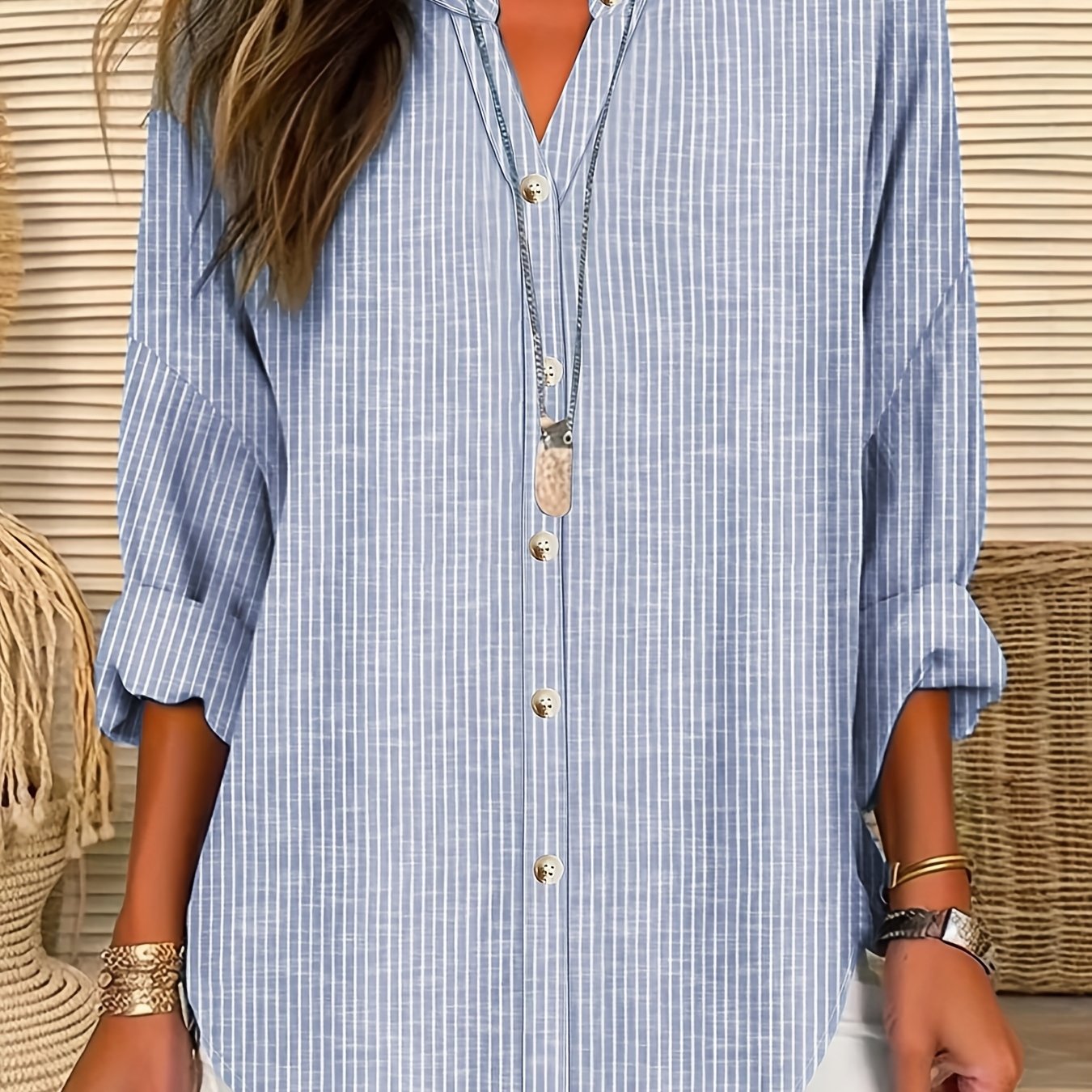 TEMU Bluzka Z Nadrukiem W Paski I Wycięciem Pod Szyją, Swobodna Bluzka Z Długim Rękawem Na Wiosnę I Jesień, Odzież Damska