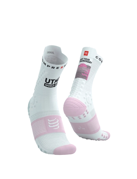 COMPRESSPORT Skarpetki do biegania trailowe PRORACING SOCKS V4 TRAIL UTMB 2025 white roseate
