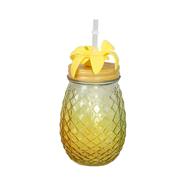 Szklany kubek słoik ananas kolorowe 400ml ze słomką żółty