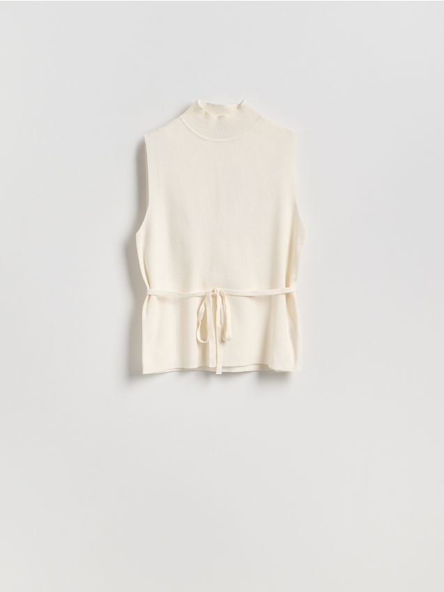 Reserved - Dzianinowy top z wiązaniem - kremowy