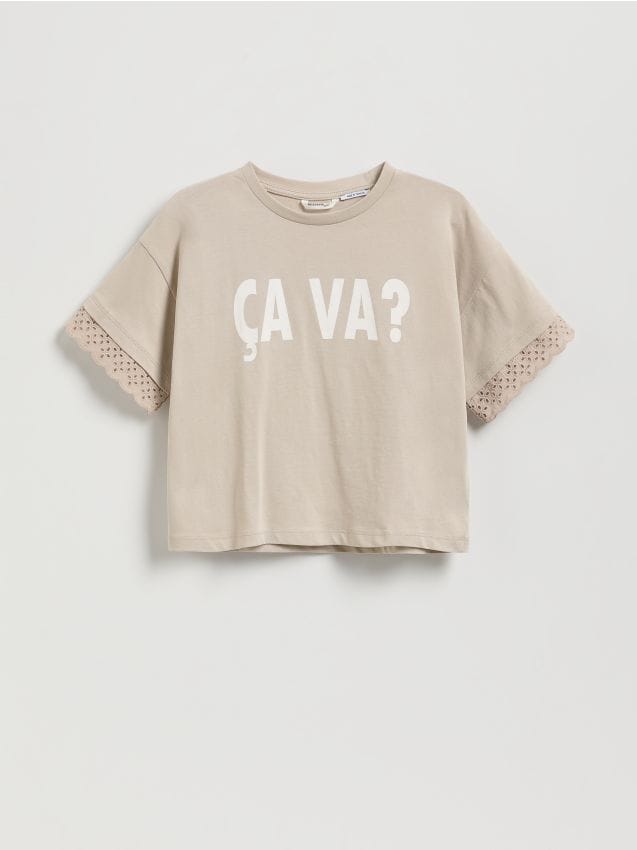 Reserved - Krótki t-shirt z nadrukiem - kremowy