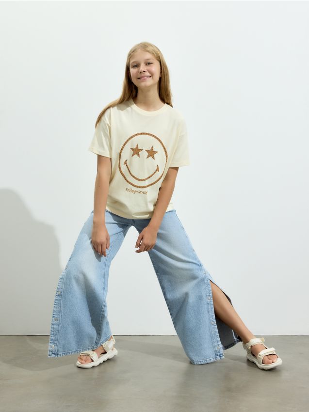 Reserved - Jeansy wide leg z napami - niebieski