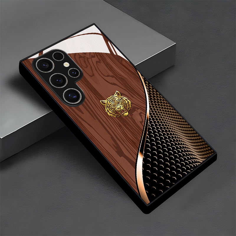 TEMU Stylowy złoty z brązową teksturą wzór szklany etui na telefon for samsung for galaxy S25/S25 Plus/S25 Ultra/S24/S24 FE/S24 Plus/S24