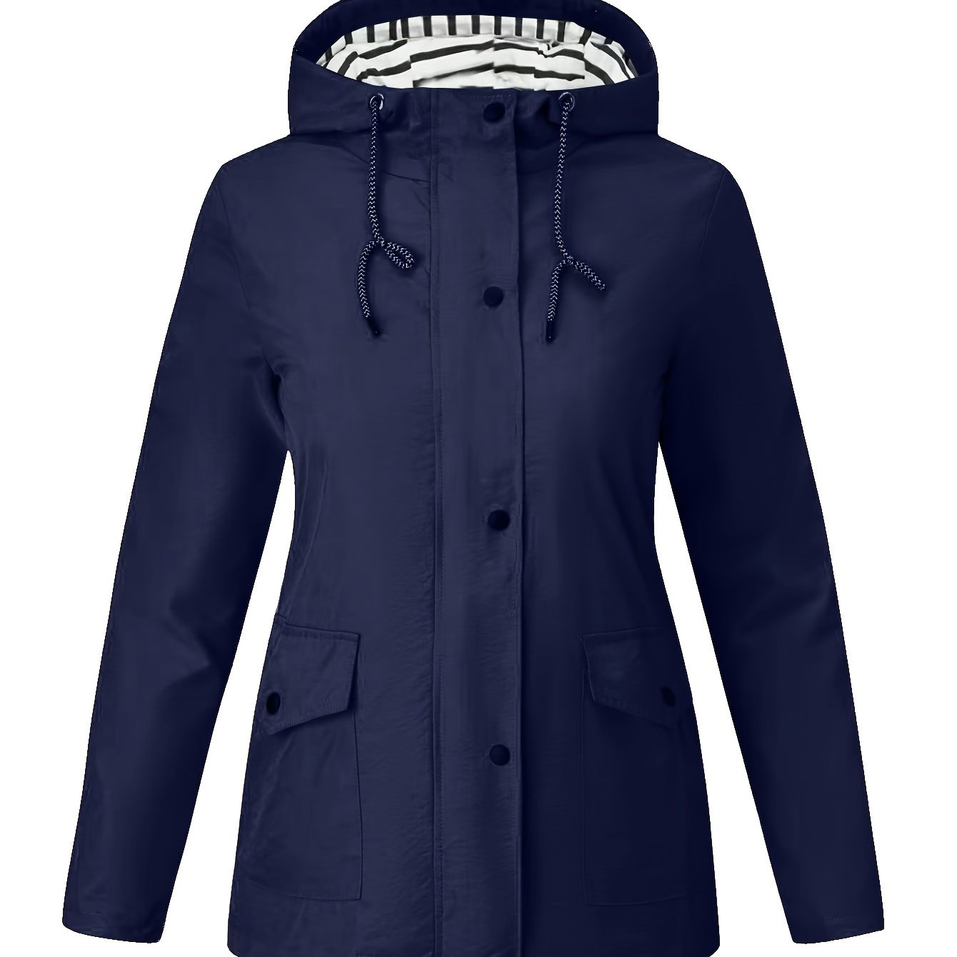 TEMU Kurtka Wiatrówka Damska z Kapturem - Granatowa w Paski, Lekka i Pranie Maszynowe, Zamykana na Zamek, Idealna na Jesień/Zimę i Miasta, Wygodny