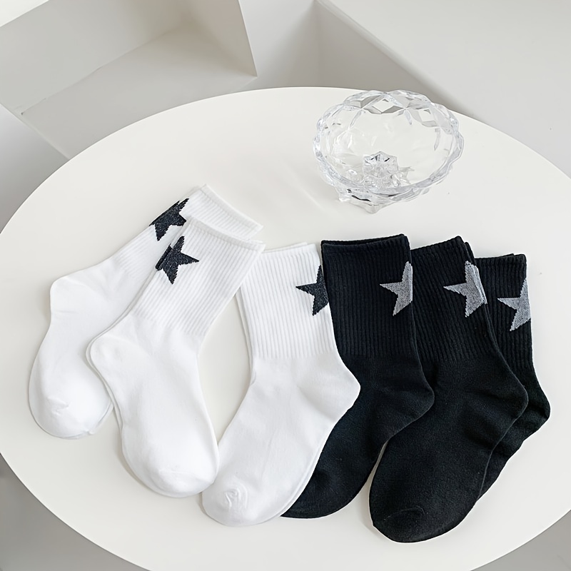 TEMU 6 par czarno-białych skarpet damskich do połowy łydki z motywem gwiazd