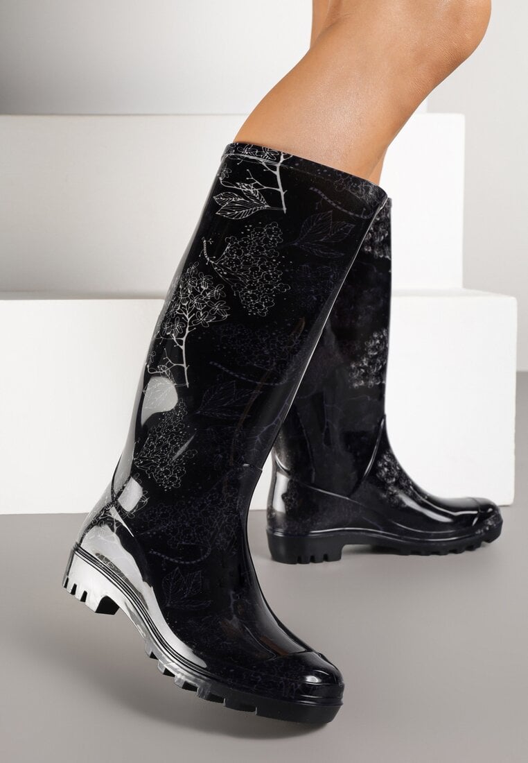 Czarne Klasyczne Kalosze Zdobione Roślinnym Printem Qurene