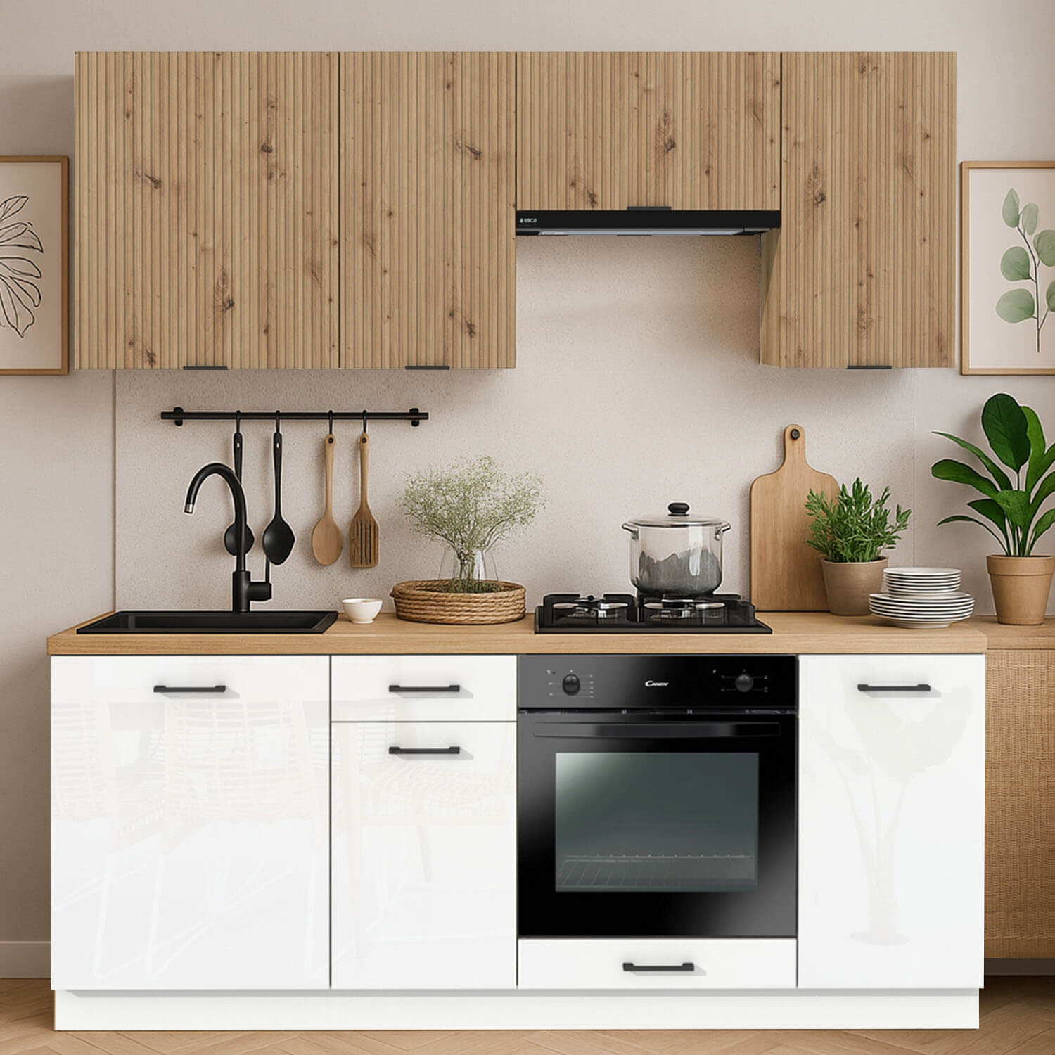 Zestaw Mebli Kuchennych MODERN 200 cm Dąb/Biały Połysk Ryflowany Nowoczesny