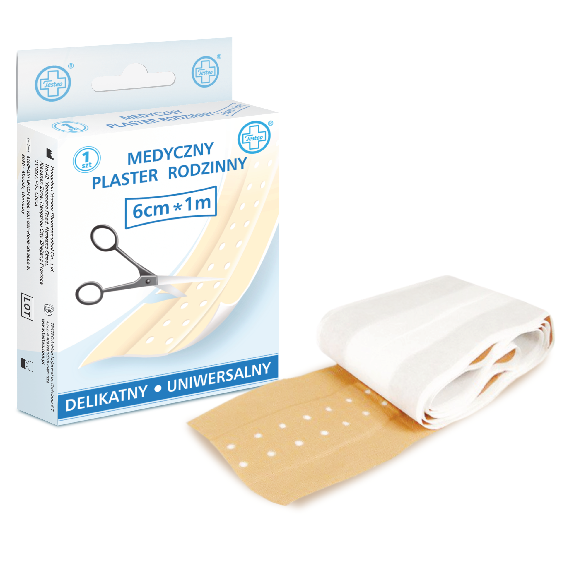 Testeo, plaster z opatrunkiem do cięcia, dzianinowy, cielisty, 1 m x 6 cm