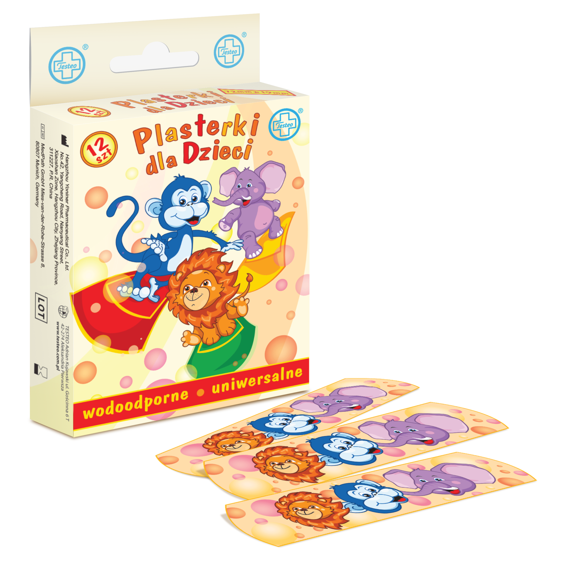 Testeo, plastry wodoodporne z opatrunkiem dla dzieci, 19 mm x 72 mm, 12 sztuk