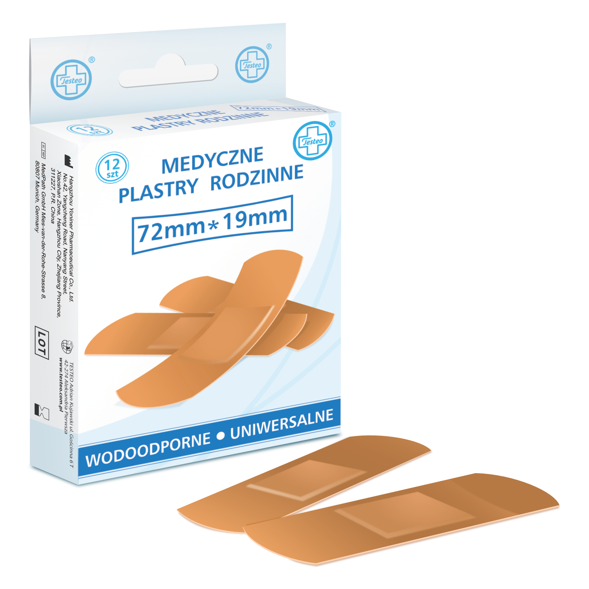 Testeo, plastry wodoodporne z opatrunkiem, cieliste, 19 mm x 72 mm, 12 sztuk