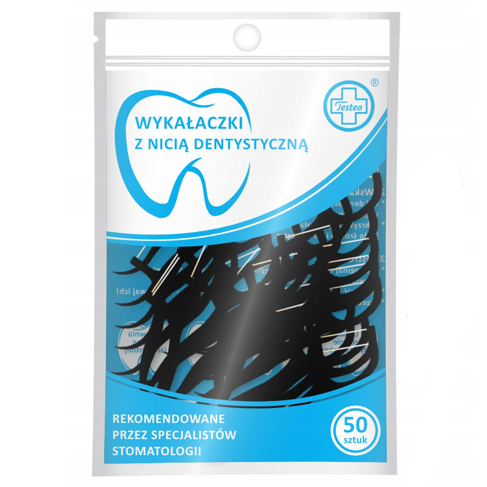 Testeo, wykałaczki z nicią dentystyczną, czarne, 50 sztuk