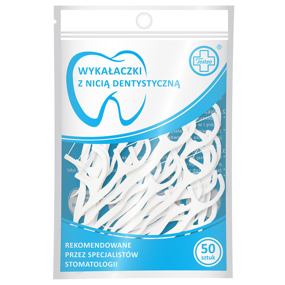 Testeo, wykałaczki z nicią dentystyczną, białe, 50 sztuk