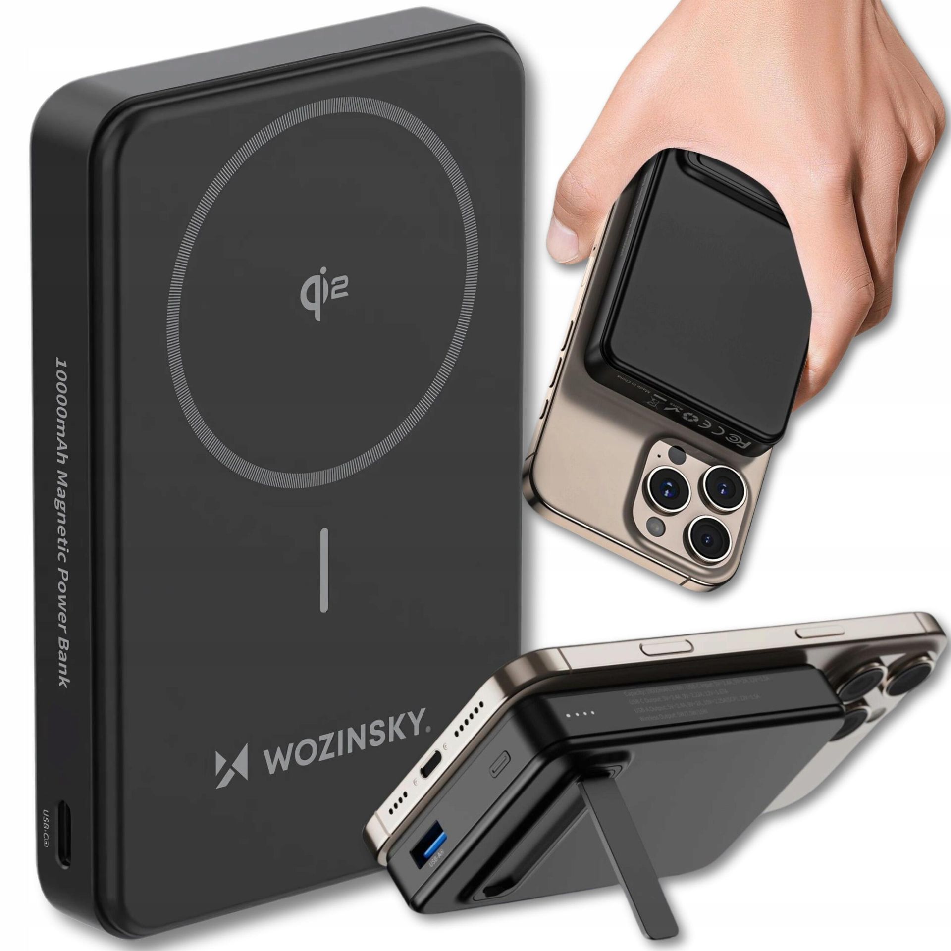 Powerbank Wozinsky WLWP-10KA0Y3S 22,5W PD Qi2 10000 mAh, z podstawką, 1x USB-A, 1x USB-C - czarny