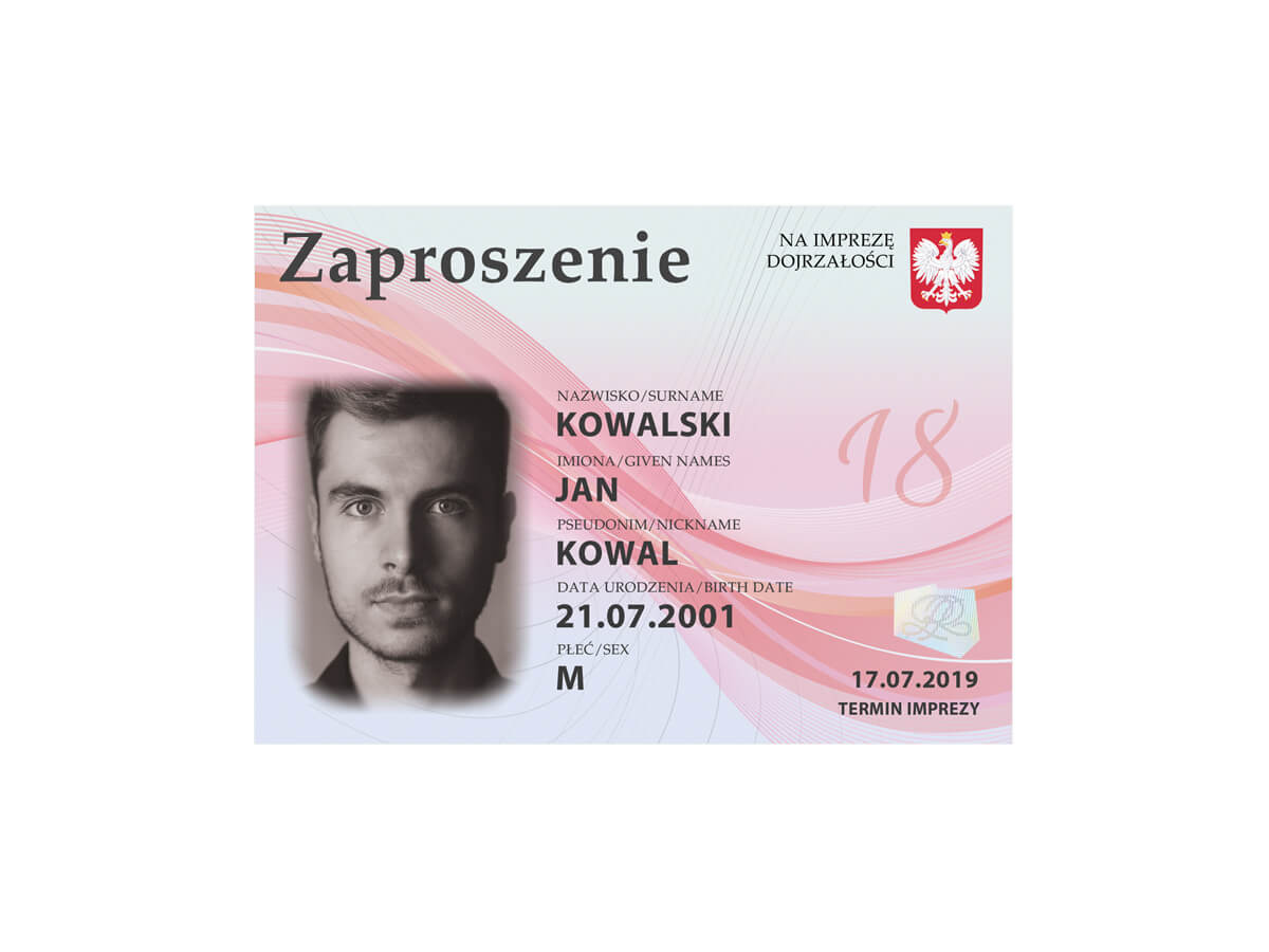 Zaproszenia personalizowane Dowód na 18 osiemnastkę - 8 szt.