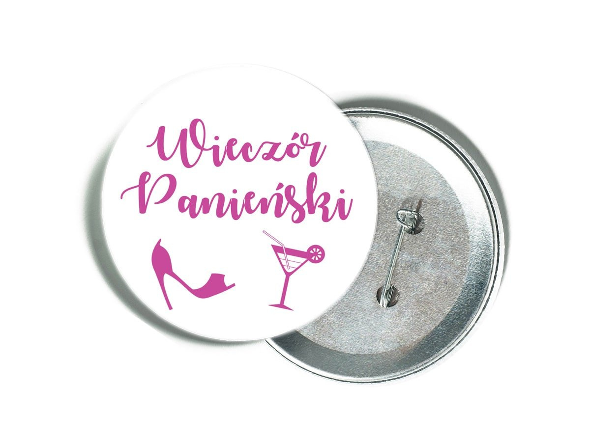 Przypinka biała z różowym napisem i grafiką na Wieczór Panieński