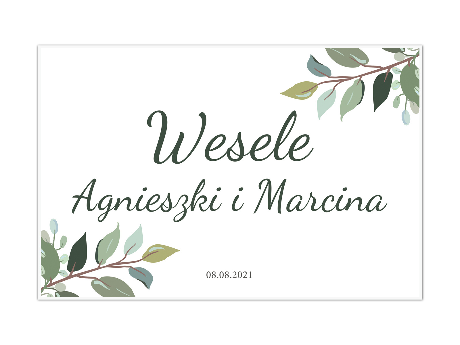 Plakat Weselny personalizowany z zielonymi listkami - 60x40 cm