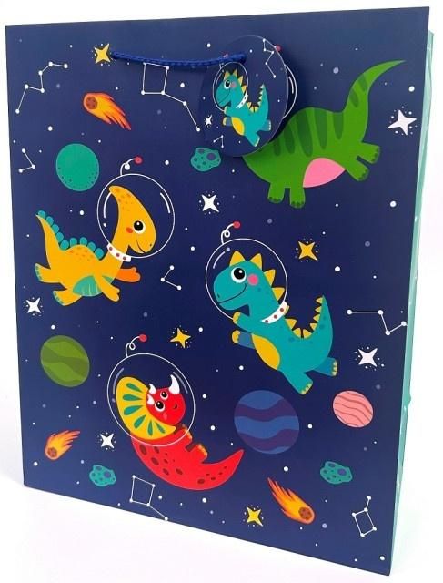 Torebka ozdobna matowa 26x32x12cm Dinozaury - artykuł papierniczy