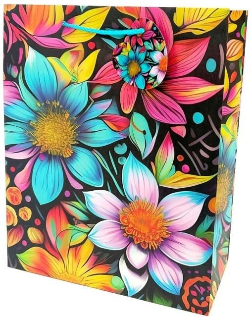 Torebka ozdobna matowa 26x32x12cm Kwiaty neon - artykuł papierniczy