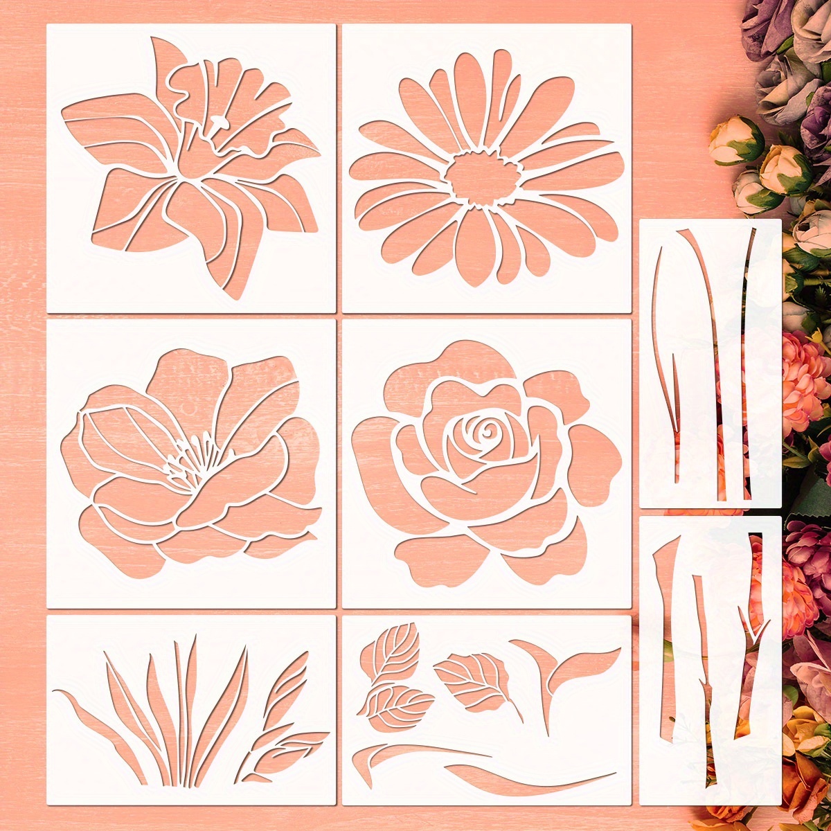 TEMU 8 Sztuk Bardzo Dużej Kwiatowej, Kwiatowej I Liściowej Wzorów - Wielokrotnego Użytku Do Malowania Na Drewnie, Ścianach I Ogrodzeniach Ogrodowych,