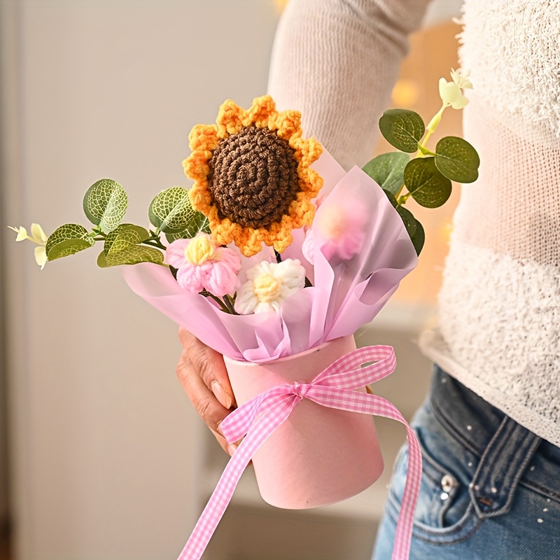 TEMU 1 szt. Sztuczny bukiet słoneczników z puchem i wiaderkiem z torbą prezentową - Świeżożółte, pomarańczowe i różowe kwiaty, zielone liście, różowa