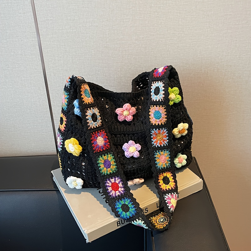 TEMU Boho Styl Narodowy Damska Torba na Ramiﾄ� 2025 , Duﾅｼa Pojemnoﾅ崙� z Wzorem i Aplikacjﾄ� Kwiatowﾄ�, Czarna Tkanina Boho Chic dla Codziennych Wyjﾅ崙