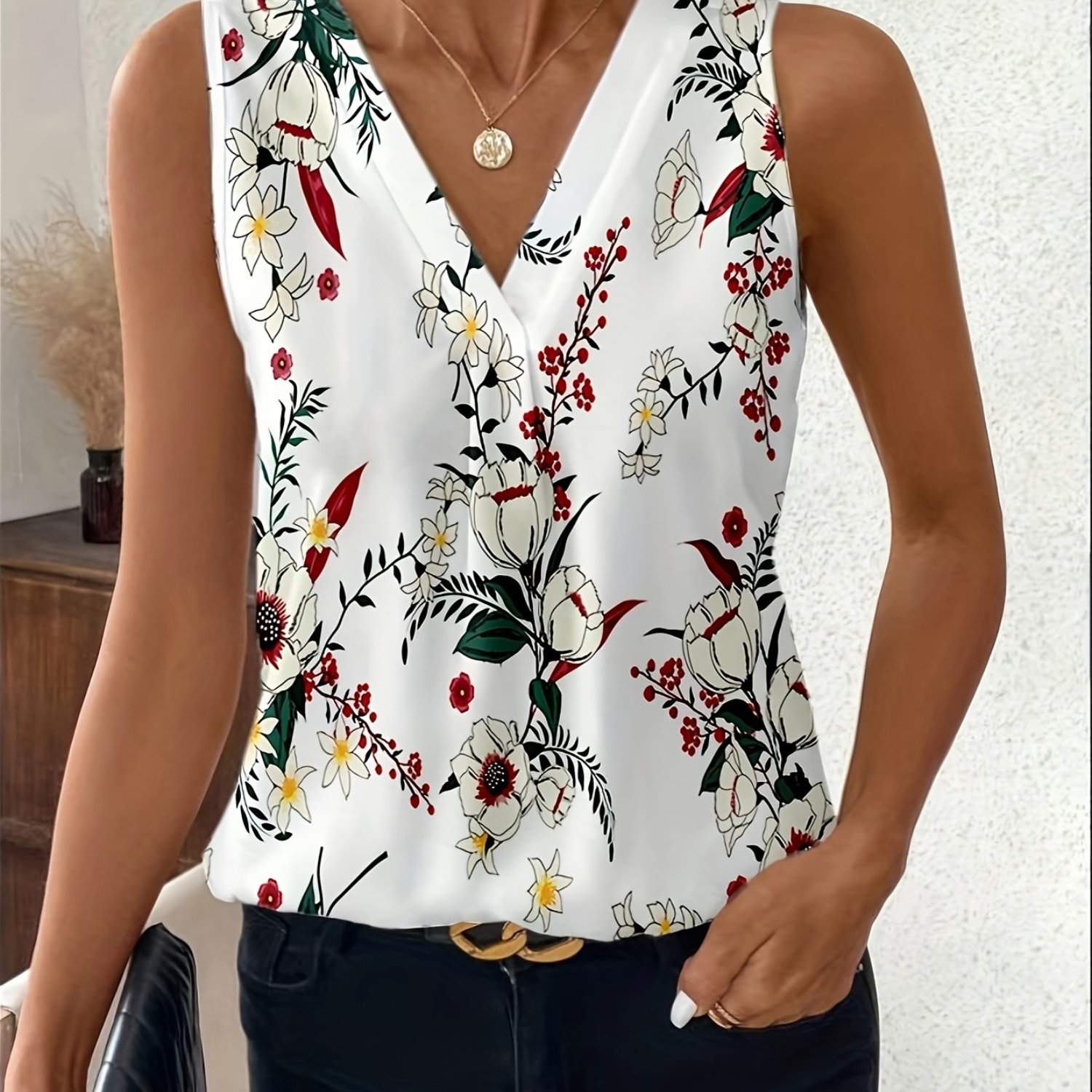TEMU Elegancka damska koszulka bez rękawów z kwiatowym nadrukiem na wiosnę i