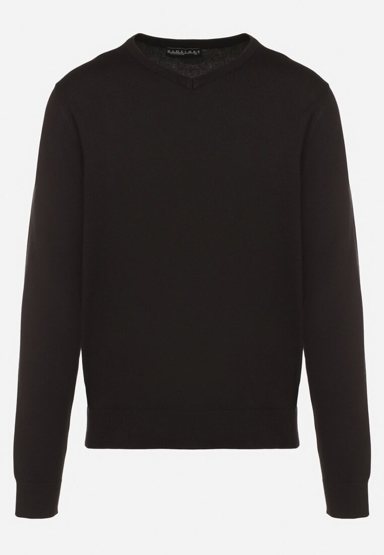 Czarny Bawełniany Sweter o Klasycznym Kroju z Dekoltem w Serek Amivorra