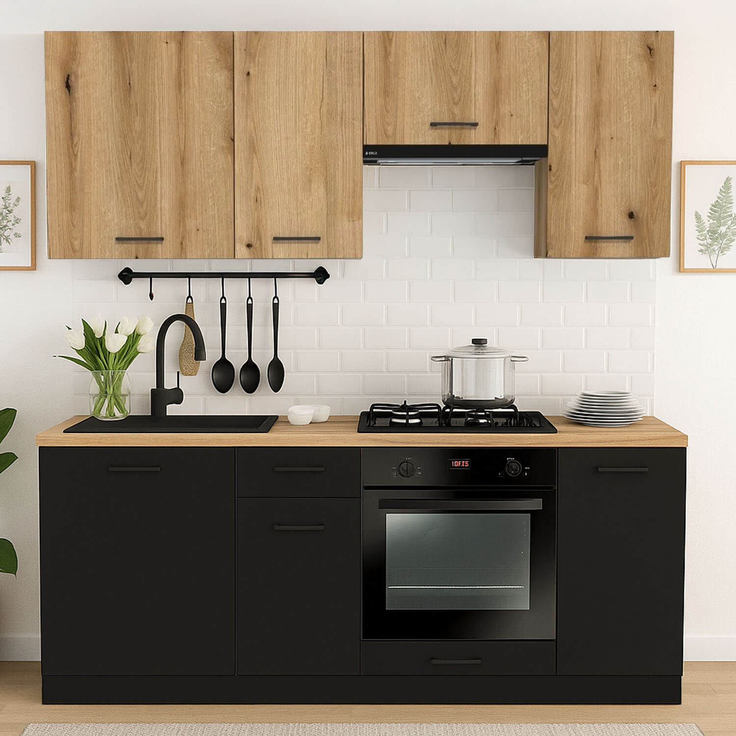 Zestaw Mebli Kuchennych MODERN 200 cm Czarny/Dąb Evoke Loftowy