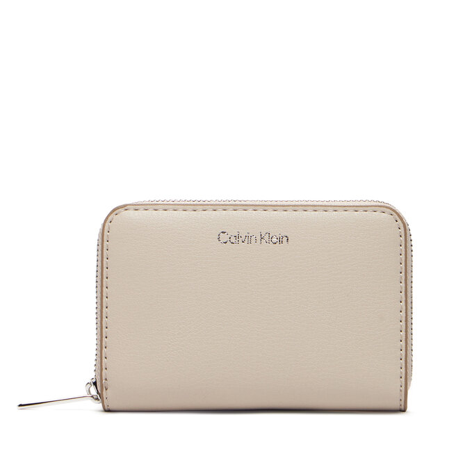 Duży Portfel Damski Calvin Klein Foil Logo Medium Zip Around LV04F1091G Beżowy